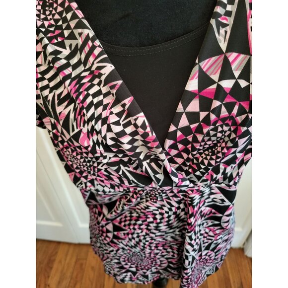 Vintage y2k Pink/Black Geometric Print Babydoll Layered Look Top XL Coquette - Picture 3 of 6